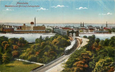 Mannheim — Ponte do rio com vista para Ludwigshafen — Rheinischer Kunst- u. Postkarten-Verlag, Jos. Hepp, Mannheim
