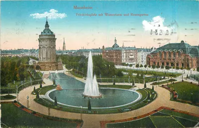 Mannheim — Friedrichsplatz com Wasserturm e Rosengarten — editor não identificado
