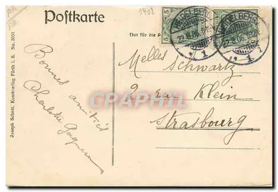 Heidelberg — Castelo e Hotel Bellevue — Joseph Schott, Fürti i. B. No. 5931 — Verso