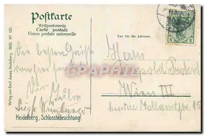 Heidelberg — Oświetlenie zamku z wystrzałami — Wydawnictwo Emil Jonas, Heidelberg, 1908, nr 120 — Rewers