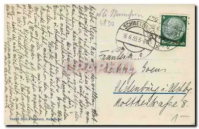 Schweizlingen. Parte no jardim do castelo — editor Emil Hartmann, Mannheim, n° de série a75 — Verso
