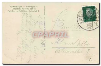 Schwetzingen — Jardim do Castelo — Visão do Castelo — J. Veltz, Karlsruhe i. B., Nr. 3777 — Verso
