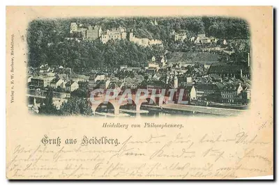 Heidelberg vom Philosophenweg — vista do castelo e da cidade — editor F. W. Roehow, Heidelberg