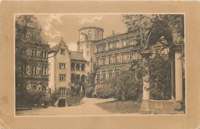 Schlosshof em Heidelberg — vista do parque e dos edifícios — editor: Rheinischer Kunst- u. Porträtverlag