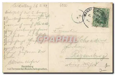 Heidelberg — Widok z tarasu przy wschodzie słońca — Verlag von Bildn. von Kühn, Heidelberg, Numer 6900 — Rewers