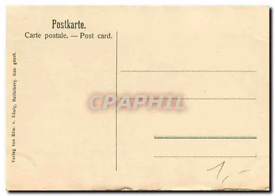 Heidelberg vom Philosophenweg gesehen — vue du château et du pont sur la Neckar — éditeur Verlag von Rüm. v. König, Heidelberg — Verso