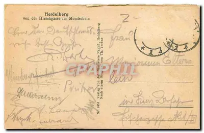 Heidelberg vanaf de Hirschgasse onder de maan — uitgever: Verlag von J. Wettstein Nachf. Heidelberg, n° 945 — Achterkant