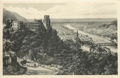 Heidelberg — vista panorâmica com castelo e rio — Verlag Carl Knoblauch, N.º 301