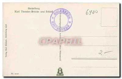Heidelberg — Karl-Theodor-Brücke e Castelo — Verlag Karl Kistner, Heidelberg, Nr. 2792 — Verso