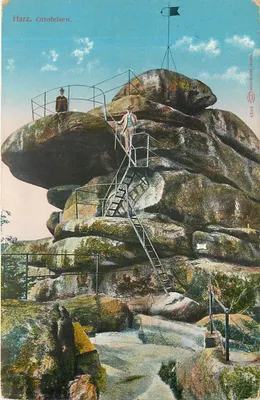 Harz, Ottofelsen — vista do rocher com escada metálica — editor Louis Glasser, Leipzig, n° 4308