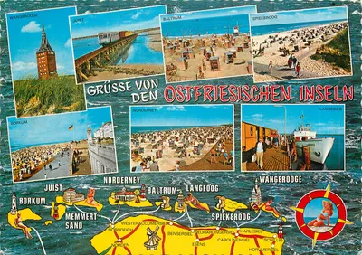 Saudações das Ilhas Ostfrieses — Borkum, Juist, Baltrum, Spiekeroog, Langeoog, Nordery, Wangerooge — editor não visível, número de série não visível