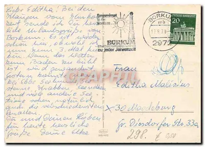 Saudações das Ilhas Ostfrieses — Borkum, Juist, Baltrum, Spiekeroog, Langeoog, Nordery, Wangerooge — editor não visível, número de série não visível — Verso