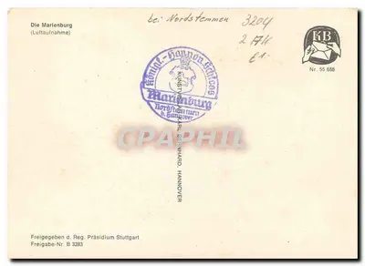 Castelo de Marienburg — vista aérea — editor Bernhard Hannover, n° de série 55 688 — Verso