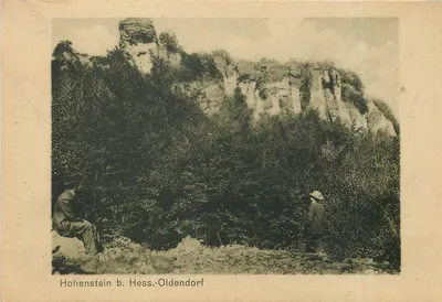 Hohenstein perto de Hess-Oldendorf — ruínas sobre falésia — A. Heimbecker, Litografia Ruhrau Nr. 468