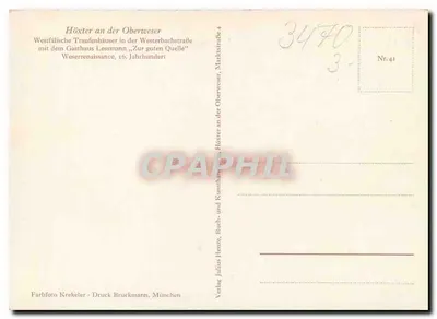 Höxter na Obersweser — Casas de Madeira Westfália com o Estabelecimento Lessmann „Zur guten Quelle“ — Editor Julius Henze, Impressão Bruckmann, Munique, Número 41 — Verso