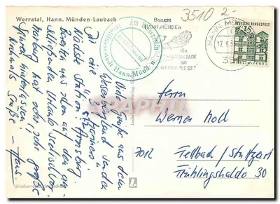 Widok z powietrza zbiornika i mostu nad rzeką Werra — Hann. Münden-Laubach — wydawca Laderbogen-Verlag — Rewers