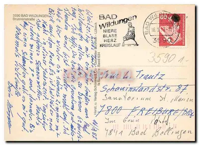 Bad Wildungen — ulica z domami z cegły z wydrążonymi pionami i kawiarnia 'Die Kanne' — Verlag Schöning & Co, Lübeck — Rewers