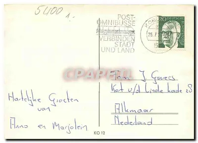 Koblenz — Vista panorâmica com Feste Ehrenbreitstein, Rhein-Mosel-Halle, castelo, pontes e Weindorf — editor desconhecido, n° de série KO 12 — Verso