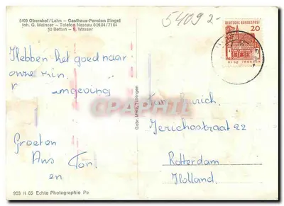 Widok z powietrza z Lahn — Obernhof — z mostem i łodzią na rzeczce — wydawca 903 H 65 — Rewers