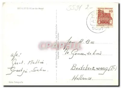 Beilstein an der Mosel — widok panoramiczny z pałacem i łodzią — Echte Fotografie — Rewers