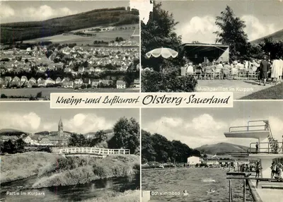 Parque de cura e piscina em Olsberg-Sauerland — Pavilhão musical e vista panorâmica — editor Jos. Grobbel, n° 3644