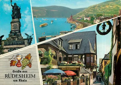 Rüdesheim am Rhein — vista panorâmica com estátua, margem e hotel — editor não identificado
