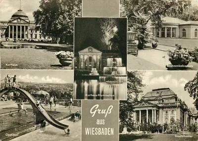 Wiesbaden — vista panorâmica com Kurhaus, Opelbad, Staats Theater e Brunnenkolonnade — editor não identificado
