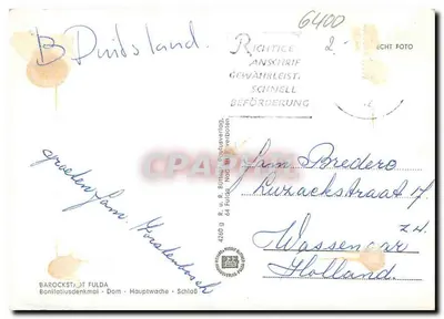 Bilhete postal moderno Cidade Barroca de Fulda Monumento a Bonifácio Catedral Posto de Vigilância Principal Castelo — Verso