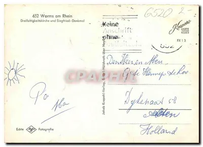 Worms am Rhein — Dreifaltigkeitskirche und Siegfried-Denkmal — Echte Agfa Fotografie, Krapohl-Verlag, Série 652 — Verso