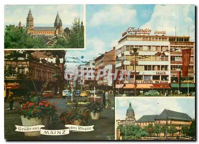 Mainz am Rhein — vista panorâmica com catedral, hotel Oujardin Imperial e edifício público — editor Verlag Horst Ziethen, n° 1466