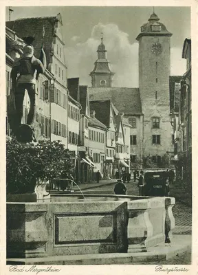 Bad Mergentheim — Burgstraße com fonte e torre — Echt-Küpperdruck
