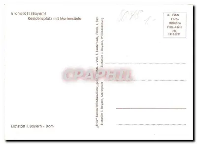 Eichstätt (Bawaria) — widok panoramiczny z pałacem, placem rezydencji, kolumną Matki Boskiej i kościołem — wydawca F. Lauterbad, nr 1113/9/51 — Rewers