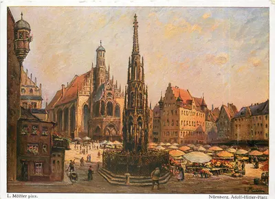 Núremberg, Adolf-Hitler-Platz — com o Schöner Brunnen e a Liebfrauenkirche — Kunstverlag Liebermann & Co.