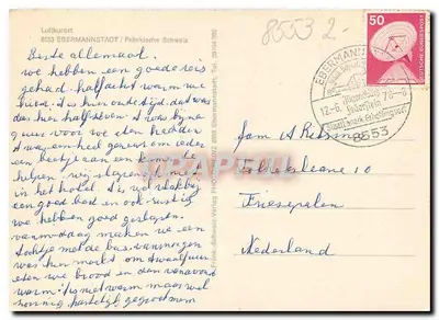 Ebermannstadt — widok panoramiczny, zamek, kościoł, ratusz, wnętrze kościoła, herb — wydawca Frank-Schweiz-Verlag — Rewers