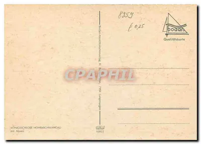 Castelo de Hohenschwangau — com lago — editor Bodan, n° 11957 — Verso