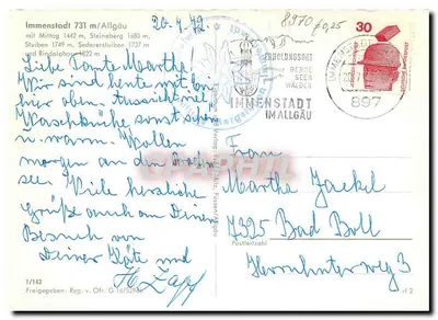 Immenstadt im Allgäu — widok z powietrza — wydawca Freigegeben Reg. v. Ofr. G 16/5394 — Rewers