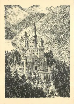 Castelo de Neuschwanstein — desenho de Karl Winkler — Selbstverlag des Kunstverlags Karl Winkler München