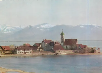 Wasserburg am Bodensee — vista panorâmica com igreja e montanhas nevadas — Hans Andres Verlag, n° 8170