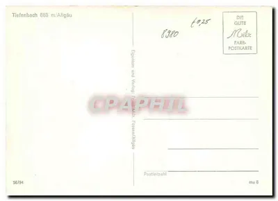 Tiefenbach 888 m/Allgäu — aldeia alpina na Alemanha — editor Mülz, Füssen/Allgäu, número de série 56/94 — Verso