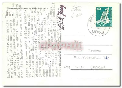 Pfronten / Allgäu — zasnieżone miasteczko z kościołem i górami — wydawca nie widoczny — Rewers