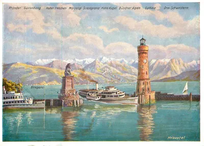 Bregenz — Vista do porto com farol e montanhas — Holzapfel