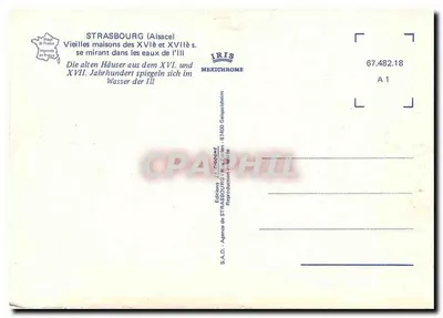 Strasbourg (Alsace) — stare domy z XVI i XVII wieku odbijające się w wodach rzeki Ill — Wydawnictwo S.A.D. Agencja w STRASBOURG — Rewers