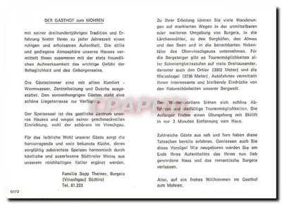 Pensão Mohren — Burgieis — Família Sepp Theiner — Verso