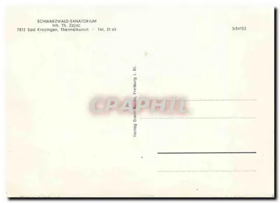 Sanatório Schwarzwaldsanatorium — Bad Krozingen, Curitório Termal — editor Verlag Erwin Burda, Freiburg i. Br., n° 5/54153 — Verso