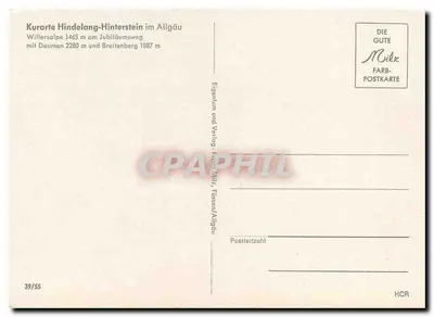 Hindelang-Hinterstein no Allgäu — Curortes Williersalpe 1465 m no Jubiläumsweg com Daumen 2280 m e Breitenberg 1887 m — Edição Milz, Füssen/Allgäu — Verso