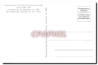 Estátua da Virgem Coroada com o Menino — Igreja Monástica de Alpirsbach, Alpirsbach no Schwarzwald — Photohaus Bessler, Alpirsbach, n° 2284 — Verso
