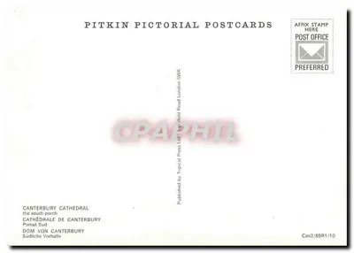 Catedral de Canterbury — Portal sul — Pitkin Pictorial Postcards — Verso