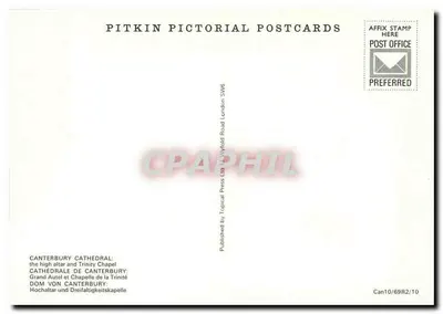 Catedral de Canterbury — Altar principal e capela da Trindade — Pitkin Pictorial Postcards — Verso