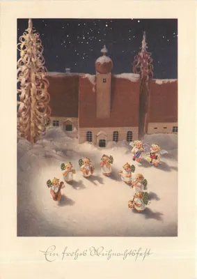 Cantos de anjos diante de uma igreja — noite de inverno — Verlag Carl Werner, N° 4071