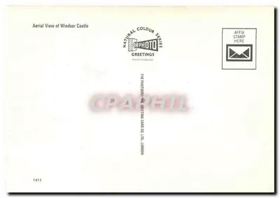 Zamek w Windsorze — widok z lotu — The Photographic Greetings Card Co. Ltd., Londyn, nr 1411 — Rewers